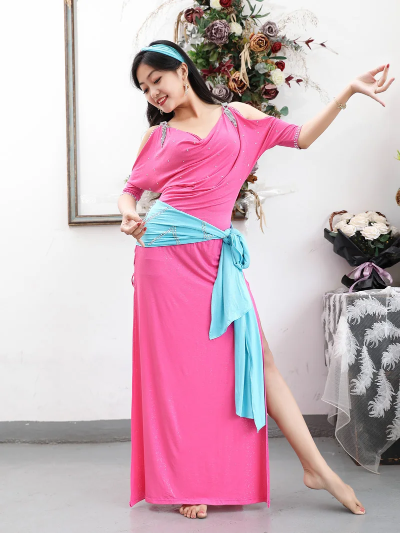 Dancer Belly Dance 2024 New Practice Clothing Modal Long Dress Baladi Folk Color Clash Robe Shaabi