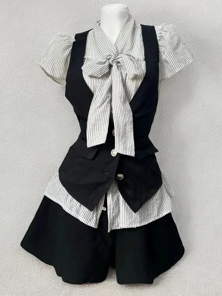 

Женский жилет ort Sve с застежкой на талии для похудения в полоску, жилет на пуговицах, юбка с высокой талией, комплект из футболки Faionable...