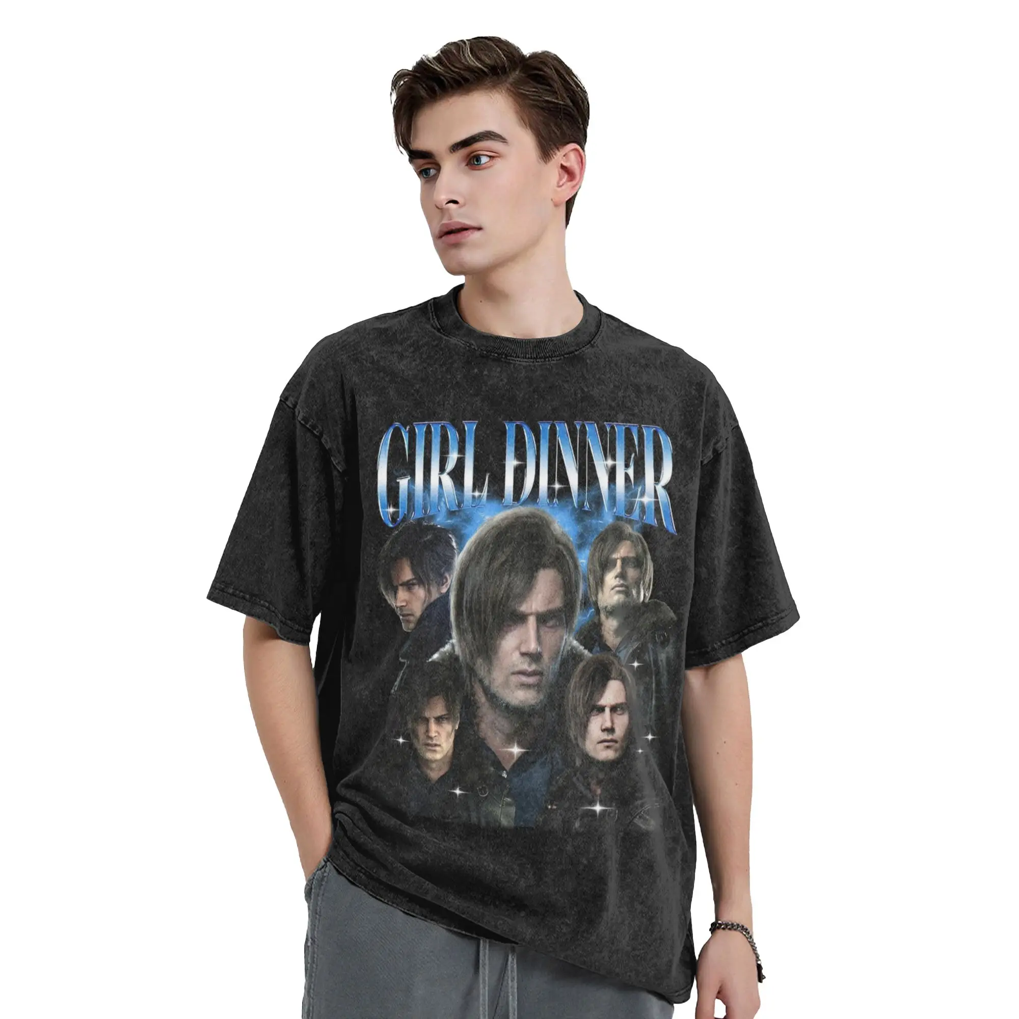 Residence Evil Leon S. Kennedy Bootleg Washed T-Shirt Mens  Aesthetic Summer O-Neck Hippie Tees Loose Oversized Clothes