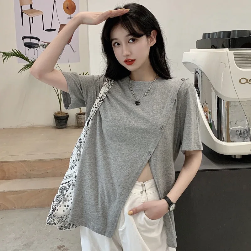 Niche Split Short-sleeved T-shirts Women 2024 Summer Loose Korean Style Office Lady Short-sleeved Solid Color O-neck Tops Female