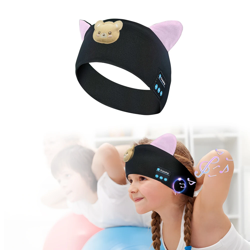 

Soft Comfortable Wireless Music Earphones Kids Cute Cat With Bear Sleeping Headphones Eye Mask Bluetooth 5.3 Headsets Headband