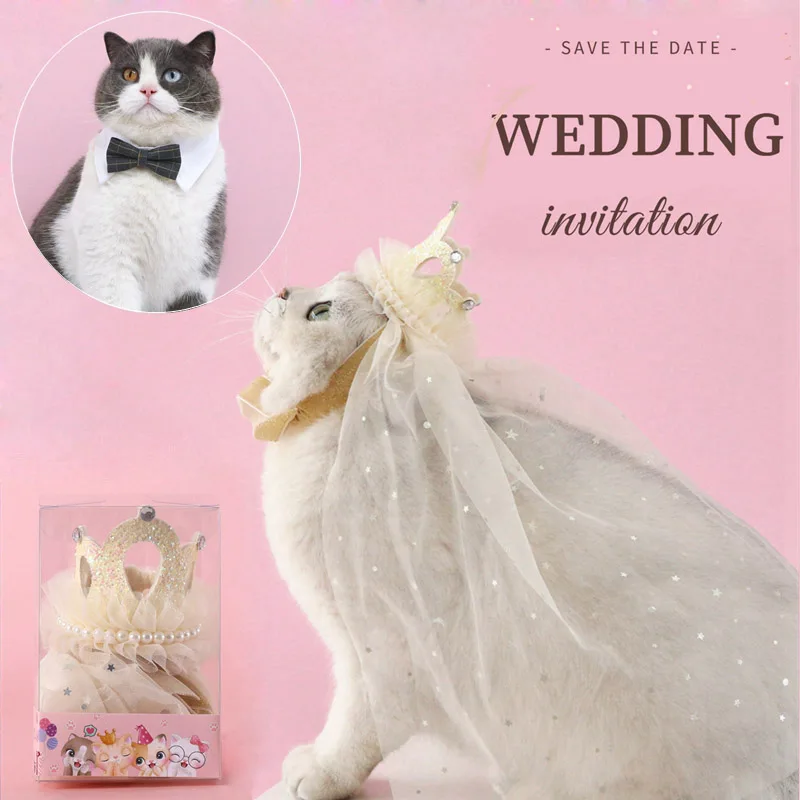 Pet Cat Wedding Princess Crown Wedding Veil Cat Dog Bridal Sequin Lace Pearls Nakrycie głowy dla psa Wesela Przyjęcia Akcesoria do włosów