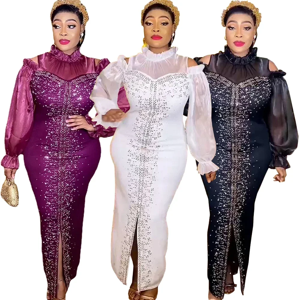 

African Dresses for Women Diamonds Mesh Party Evening Dress 2024 New Fashion Dubai Abaya Kaftan African Ankara Dashiki Robe Gown