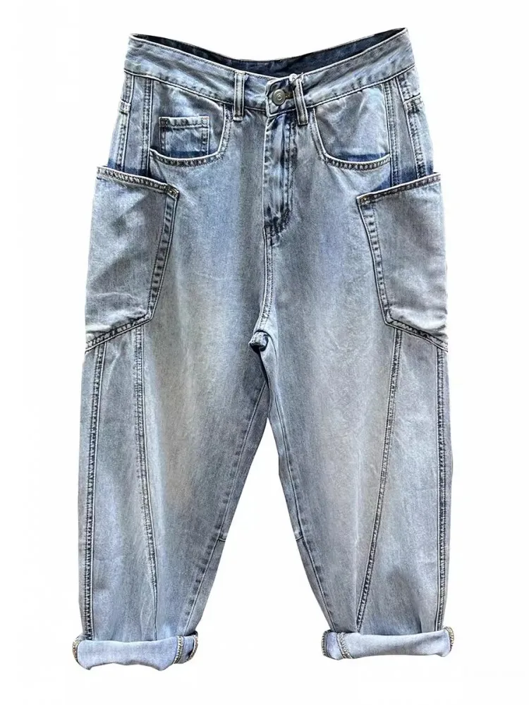 High Street Men Summer Thin Loose Fit Harem Pants Casual Jeans Comfortable Big Pockets Cowboy Cargo Trousers Vintage Denim Pants