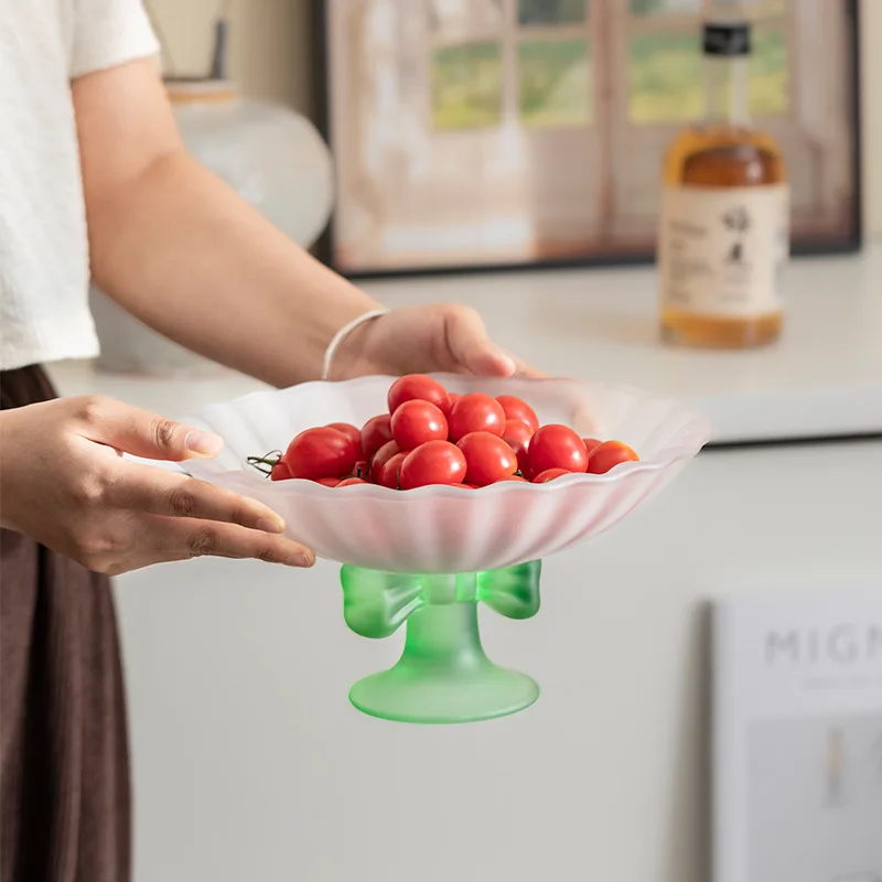 Frosted Glass Butterfly Pattern Plate Household High-Legged Tea Snack Plate Nut Pastry Fruit Plate