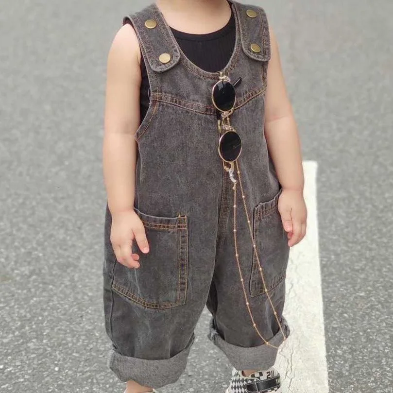 

2-9Y Children's Jeans Pants Korean Spring Summer New 2025 Girls Boys Grey Retro Soft Denim Overall Baby Kid Cute Big PP Jumpsuit