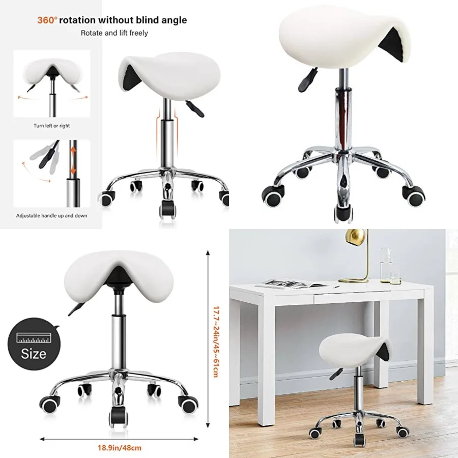 

Rolling Saddle Stool PU Leather Swivel Adjustable Rolling Stool with Wheels Salon Chair
