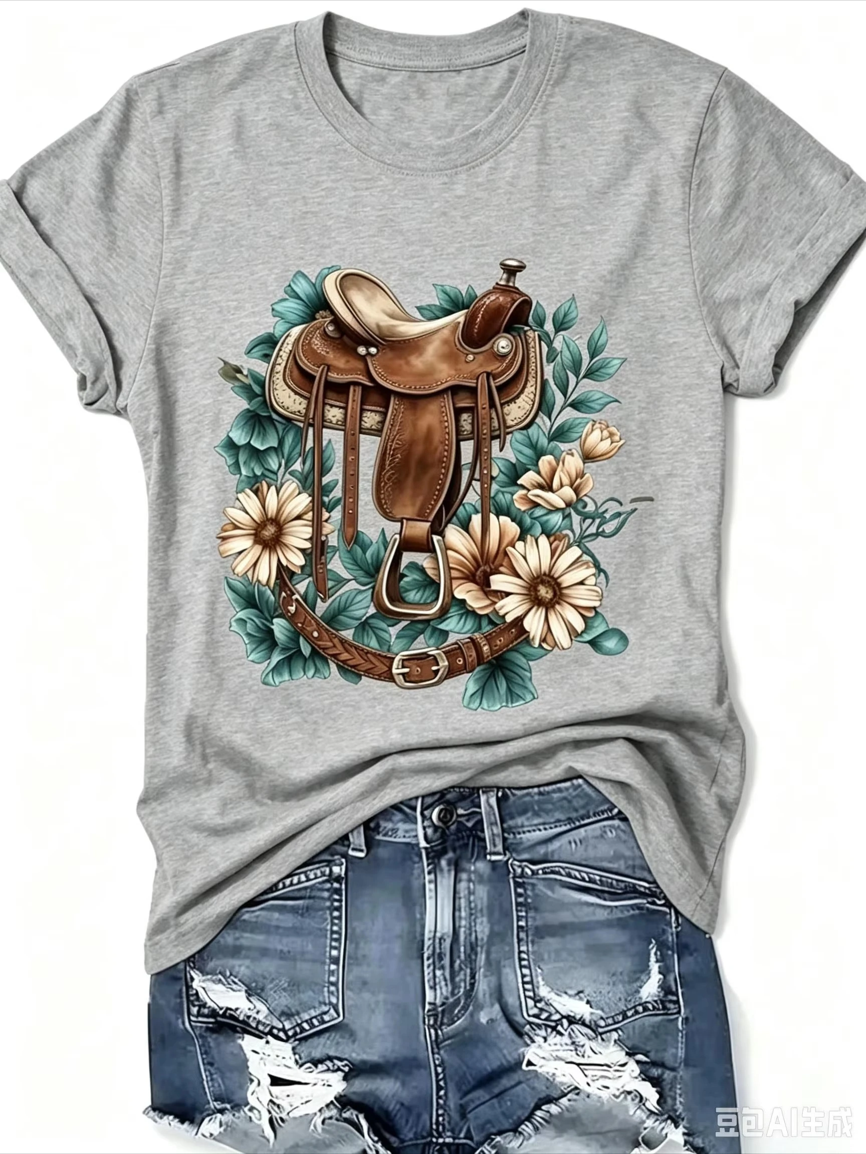 2026 Fashion New Women Crew Neck Short Sleeve T-Shirt, Oversized Loose Fit Western Boots & Hat Floral Graphic Print, Spring Summer Casual Everyday Wear Basic Top Tee