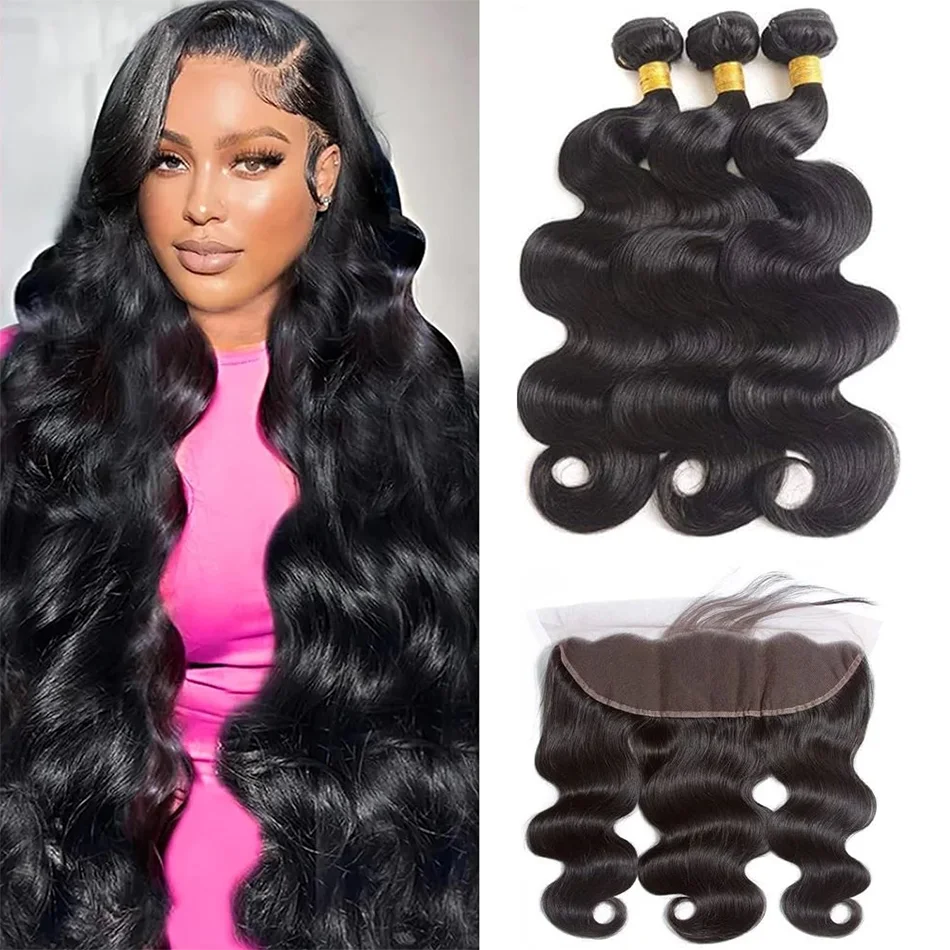 Pacotes de cabelo brasileiro da onda do corpo, 13x4 Lace Closure, cabelo humano real, 3 Pacotes Weave Virgin Hair, cor preta natural