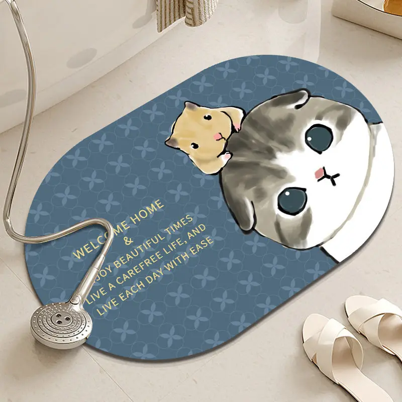 VIKAMA Three Bathing Kittens Oval Bath Mat Non Slip Washable Absorbent Floor Rug Cartoon Cute Cat Bathroom Entryway Decor Mat