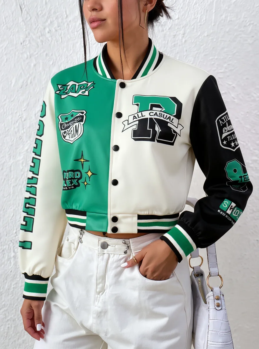Women Color Block Cropped Varsity Jacket Letter Print Patchwork Baseball Coat Streetwear Vintage Long Sleeve Bomber Outerwear