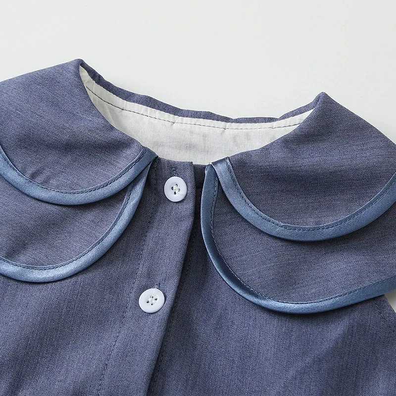 22025 Summer Girls Boutique Clothes Korean Fashion Cute Doll Collar Sleeveless Denim Blue Princess Kids Dress Baby Dresses B016