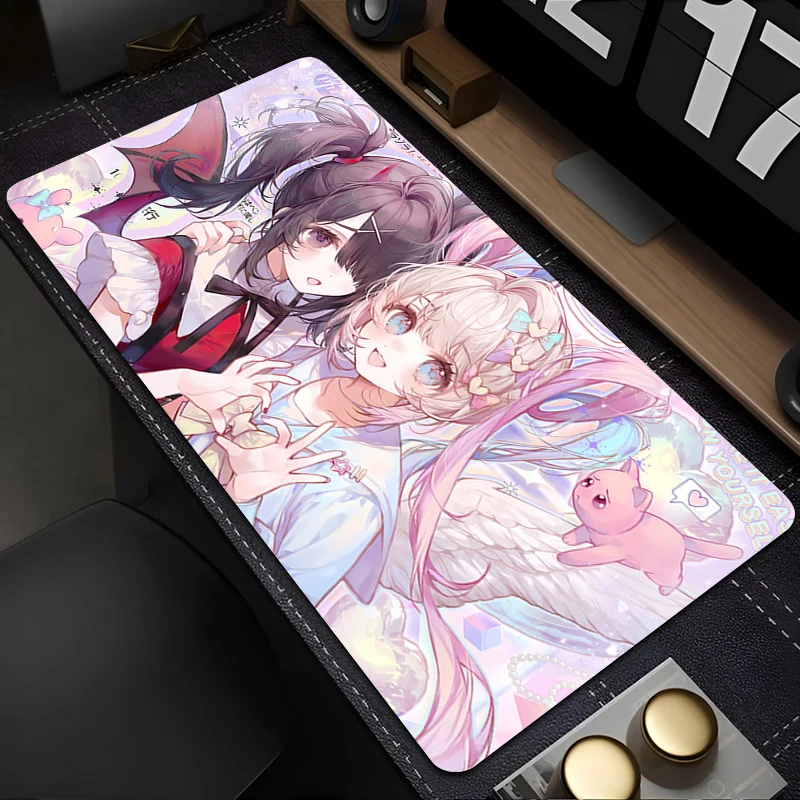 Gaming Mouse Pad, Large Desk Mat,Anti-slip,Stitched Edges,Angel Devil Twin Girls Pastel Print,Keyboard Pad for Gaming & Home Use