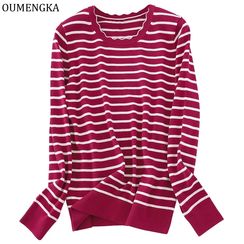 

OUMENGKA O-Neck Women's Striped Sweater 60% Cotton Quality Autumn Winter Jumper Female Vintage Blue Knitted Sweaters for Women