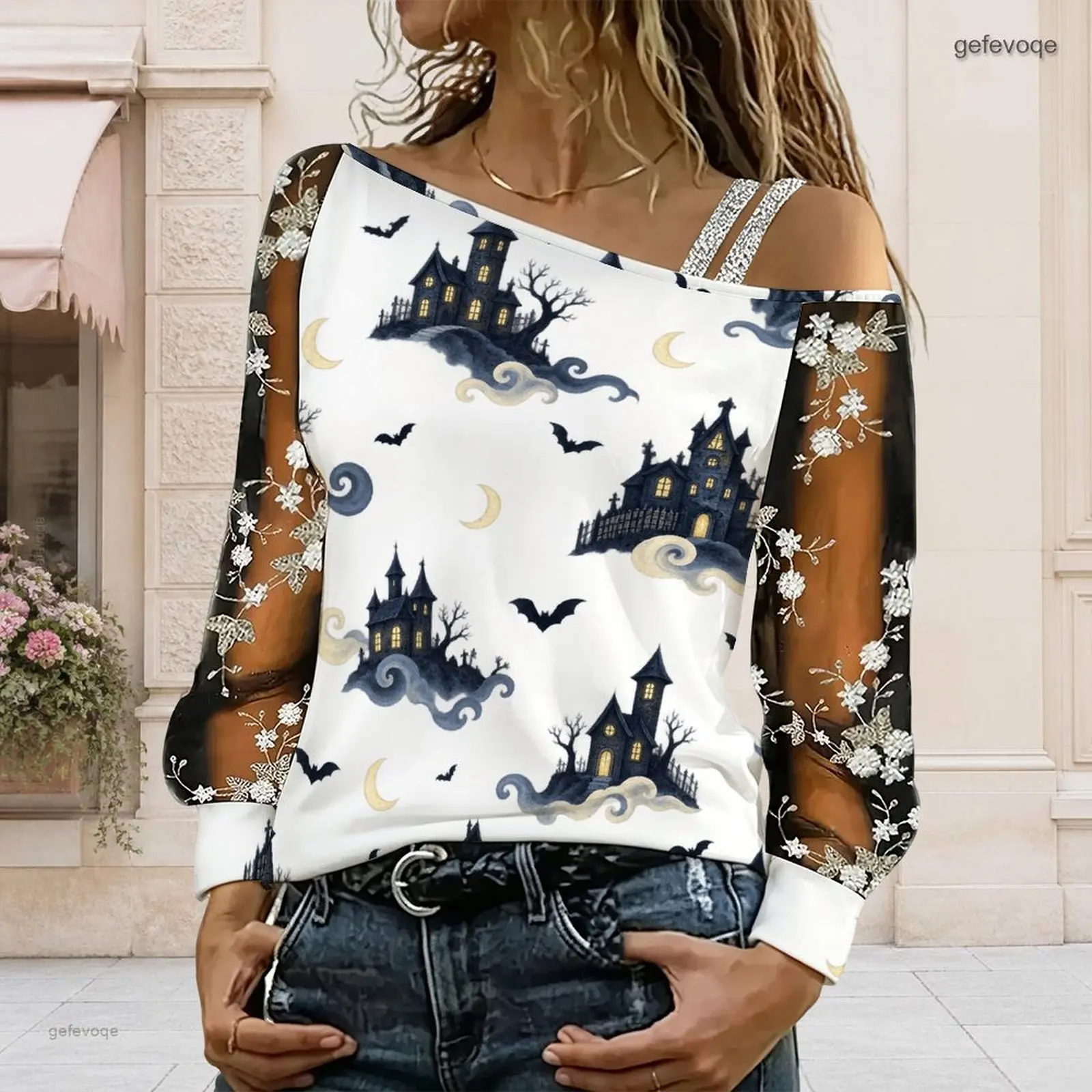 Women Haunted Castle Bat Print Asymmetric Cold Shoulder Long Sleeve Top