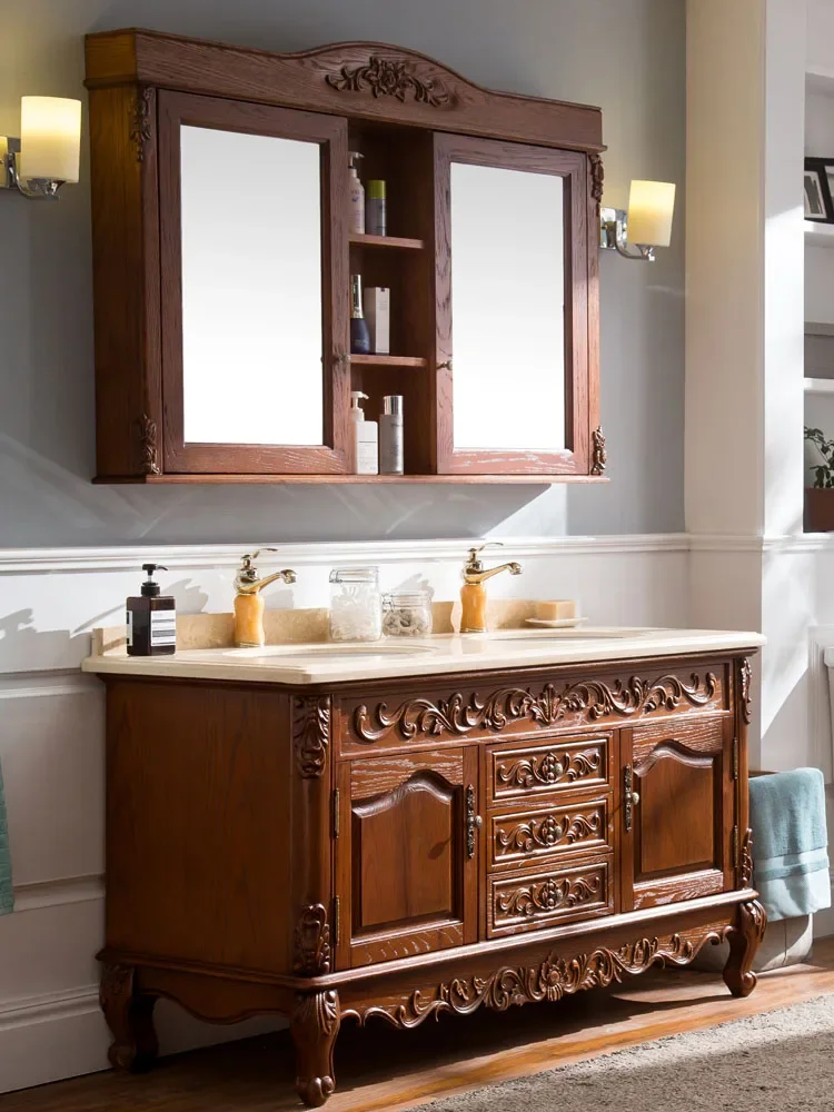 

Solid Wood Bathroom Cabinet Red Oak Washstand Double Basin Mirror Cabinet Washbasin Cabinet