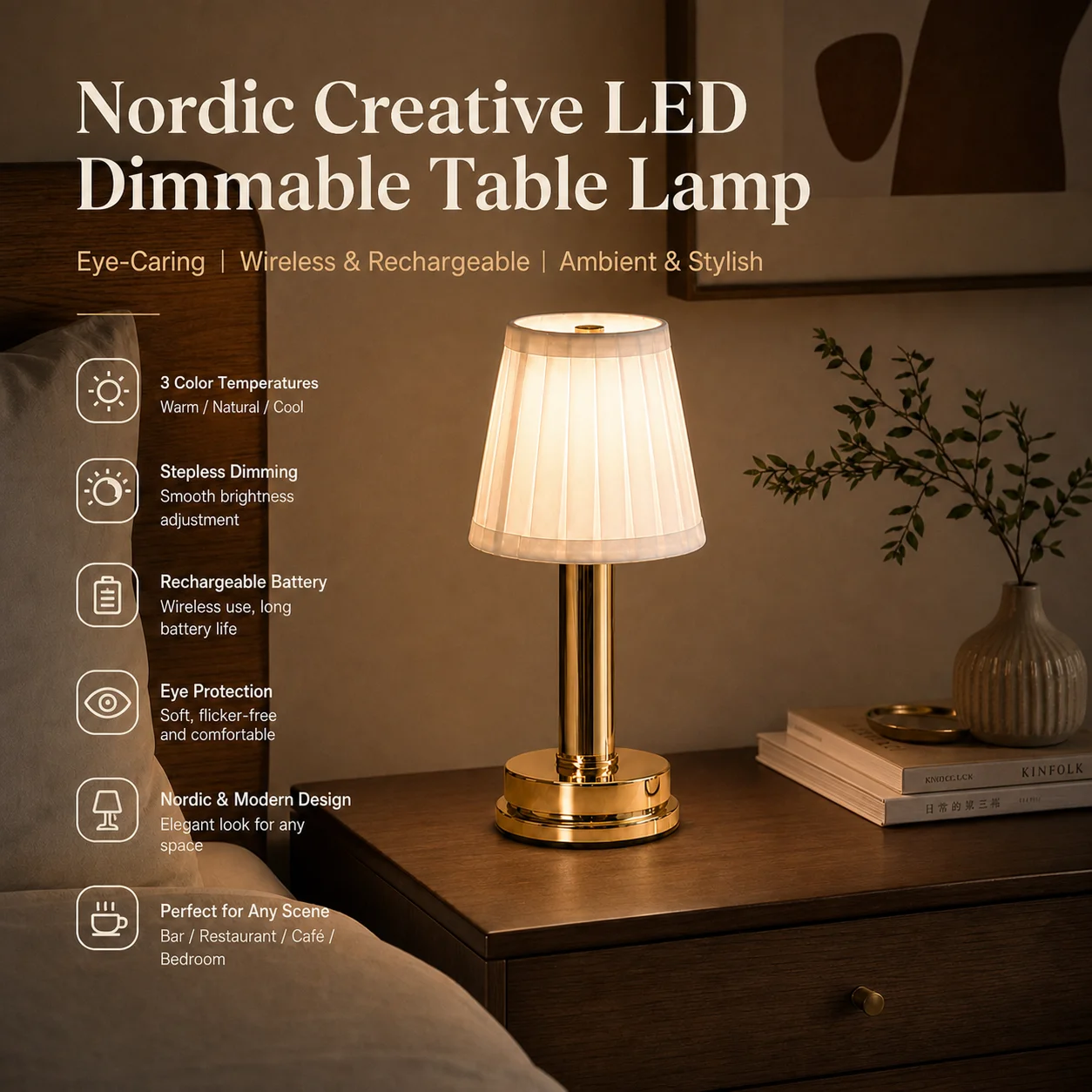WWPPU French Vintage Desk Lamp Gold Metal Pleated Shade 3 Color Dimmable USB Rechargeable Night Light for Bedroom Cafe