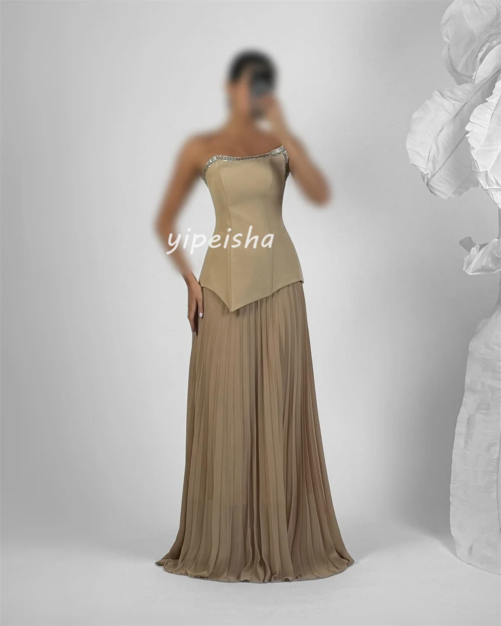 Abiti lunghi senza spalline a trapezio con strass drappeggiati in jersey abbinato in stile cinese personalizzato Abiti per occasioni su misura Moda