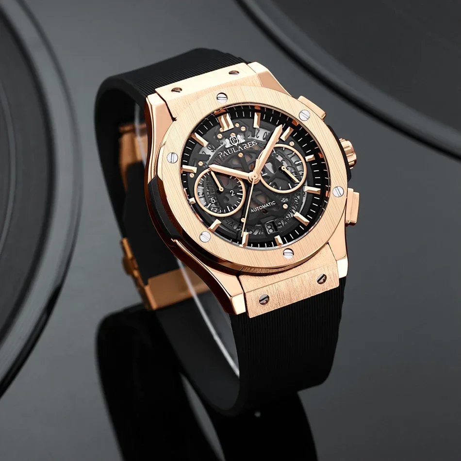Men Quartz Chronograph Skeleton See Through Automatic Titanium Style Rose Gold Silver Black Rubber Strap 45mm Watch