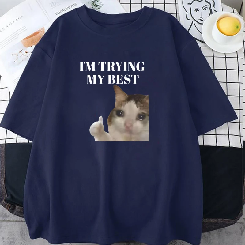 Sad Cat Emoji T-Shirt Humorous Letter Print Women Men Black Short-Sleeved Casual Loose-Fit Basic Crew Neck Top for Daily Wear