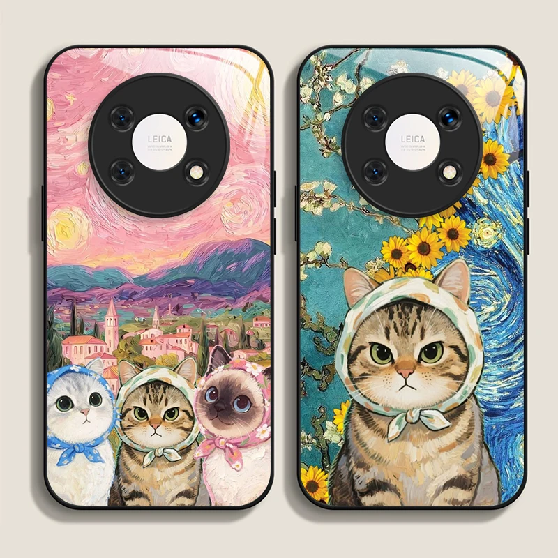 Чехол для телефона из закаленного стекла с цветочным котом, звездной ночью, картина маслом для Huawei Nova 13 12 SE 11 10 9 Pro Mate 40 30 P60 P50 P40 Cover