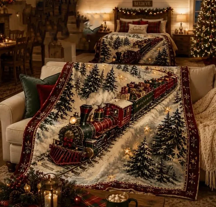 Snowy Christmas Train Blanket, Vintage Toy Train Pine Forest Gift Pattern, Cozy Holiday Sofa Throw Blanket