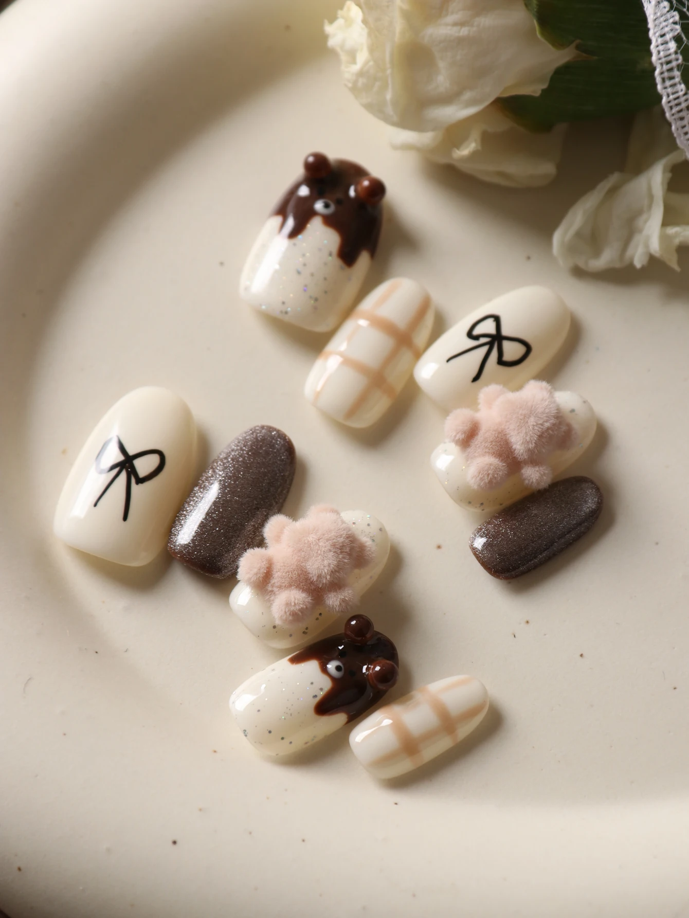 10Pcs Press on Nails Short Beige Brown Little Bear Press on Nails Fake Nails Includes 1 Sheet of Adhesive Tabs & 1 Pc Mini File
