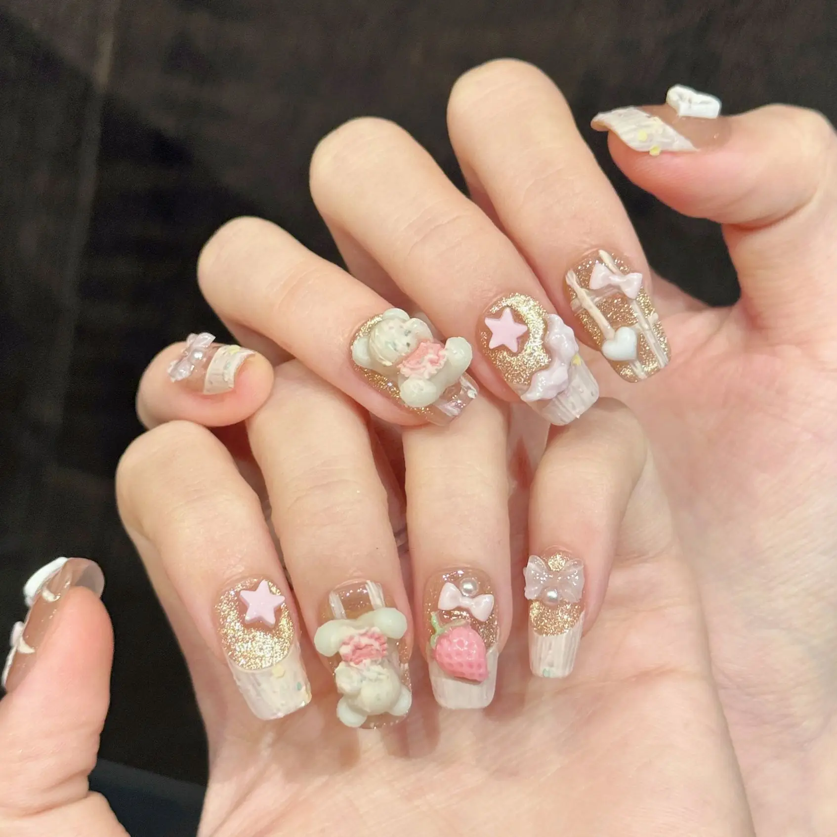 10PCS Square Handmade Press On Nails,Gilded Sweet Style,Suitable For Festivals Parties And Daily Wear.