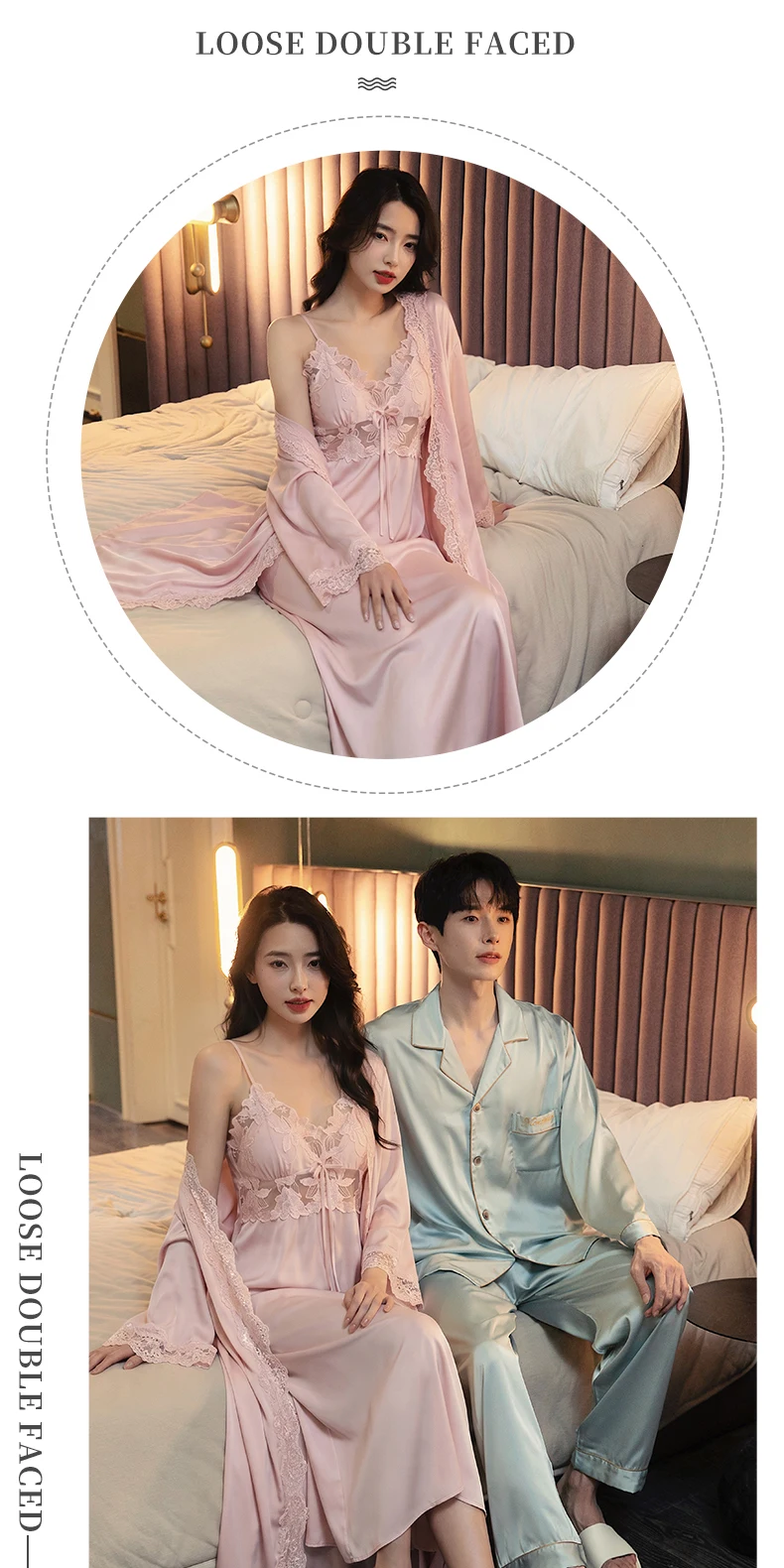 Conjunto de dos piezas de camisón de seda helada con encaje y almohadillas en el pecho para parejas, ropa de dormir de primav...