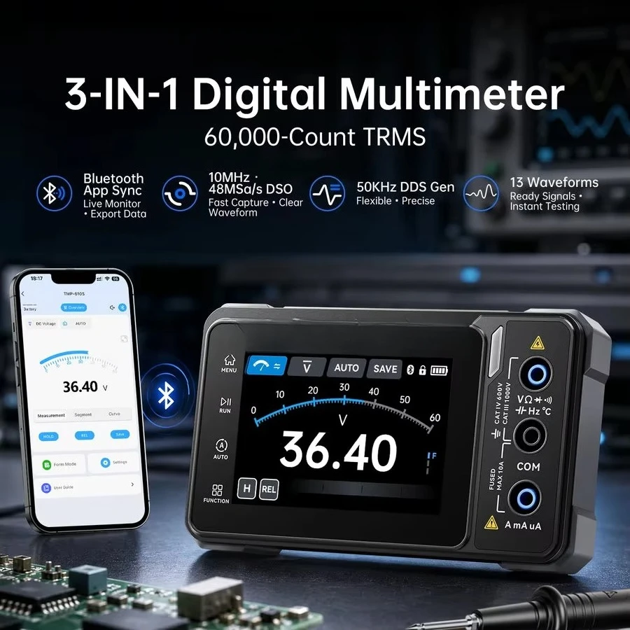 3-in-1 Digital Multimeter Oscilloscope Signal Generator 60000 Counts True RMS APP Auto Range DSO DDS