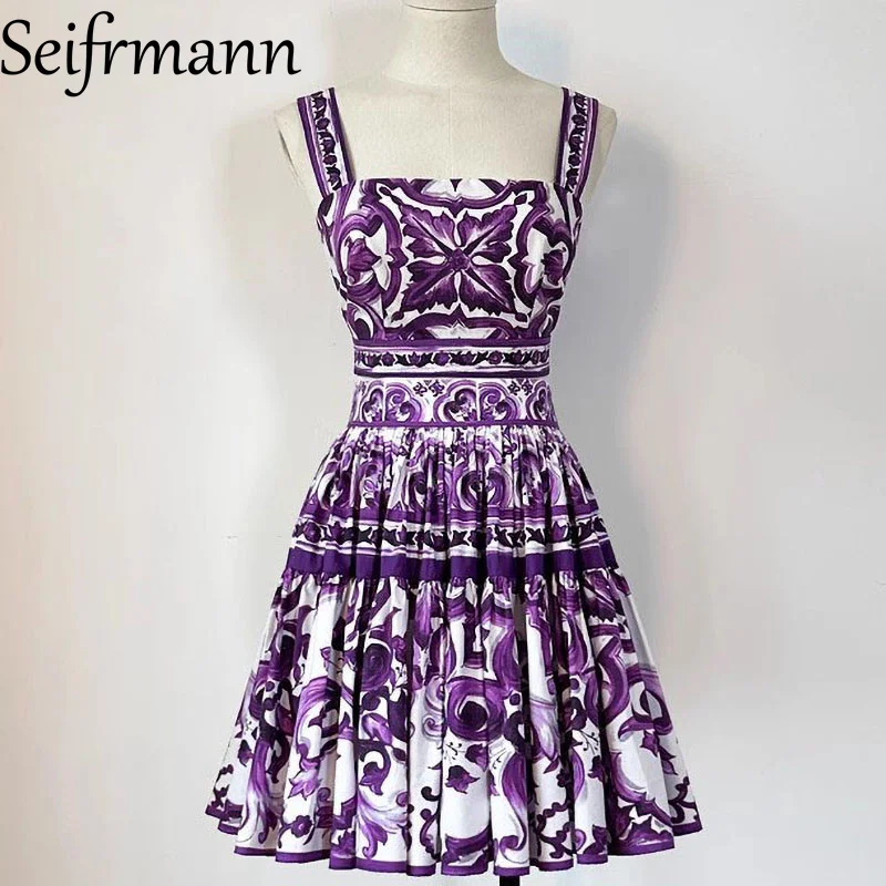 Seifrmann – costume de soirée élégant pour femmes, Sexy, bretelles Spaghetti, dos nu, hauts Slim + jupe plissée décontractée, ensemble deux pièces en coton imprimé