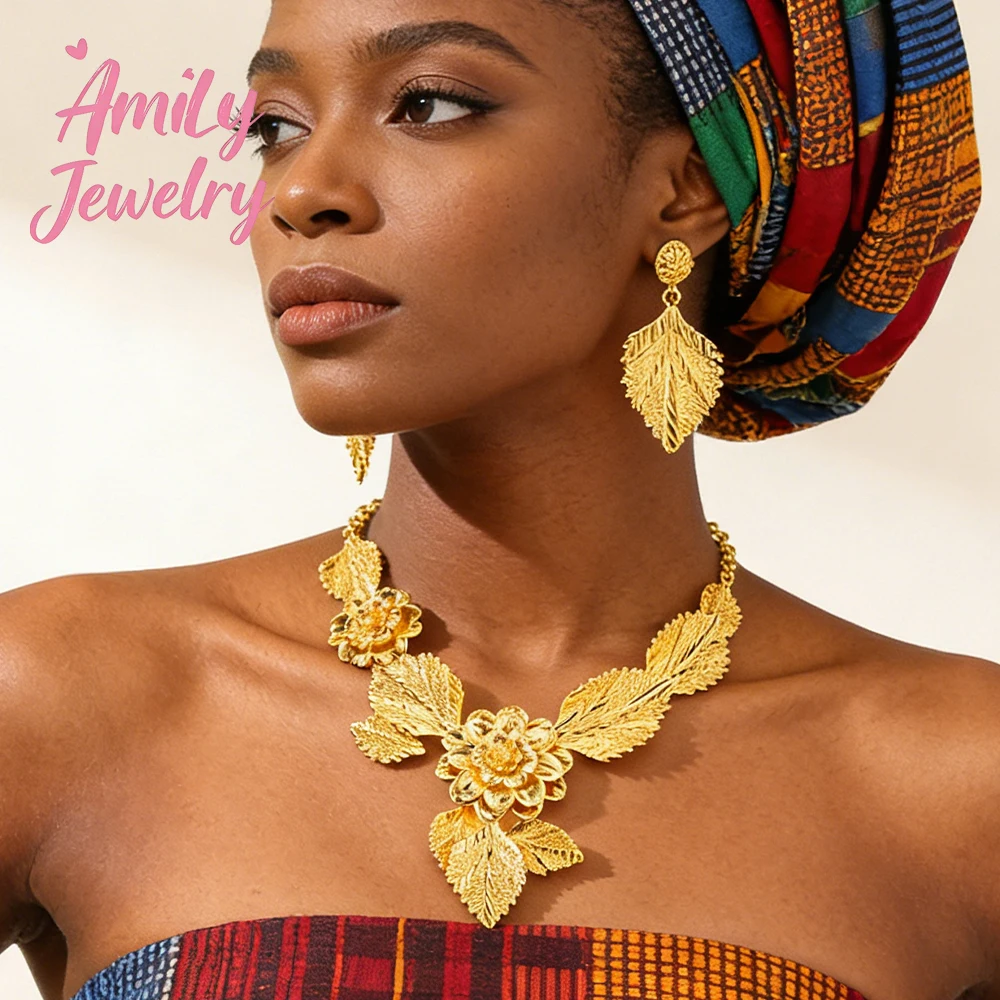 

Dubai Flower Drop Earring Necklace Middle East Earring Necklace Jewelry Set African Gold Color Necklace Jewelry Set Party Gift