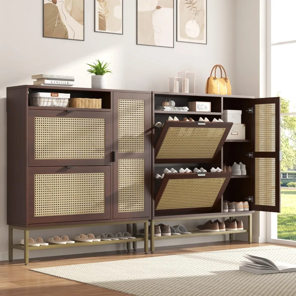 

Rattan Shoe Cabinet with 3 Flip Drawers, Free Standing Shoe Storage Organizer with Adjustable Shelves, Scratch-Resist Coating