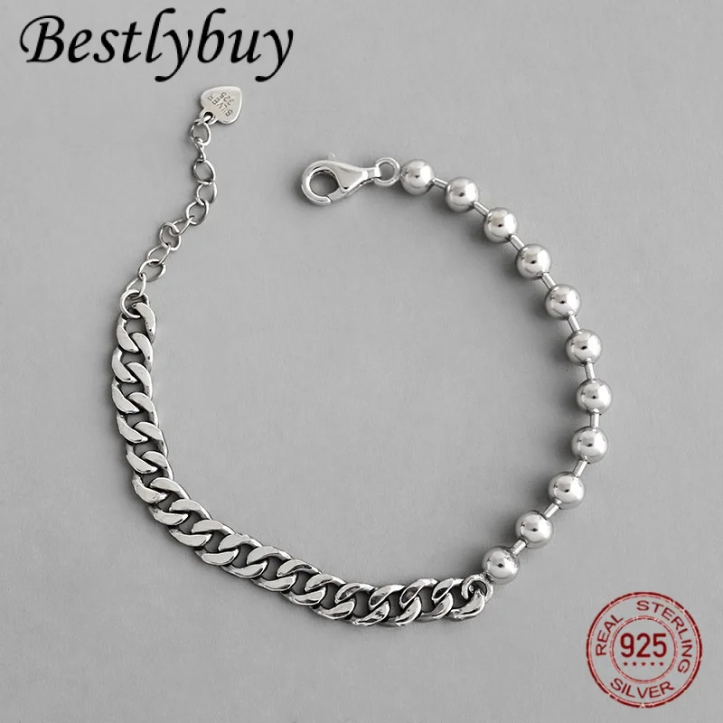 

5MM 925sterling Silver Vintage Round Bead Cuban Chain Asymmetrical Bracelet For Women's Fashion High-end Jewelry