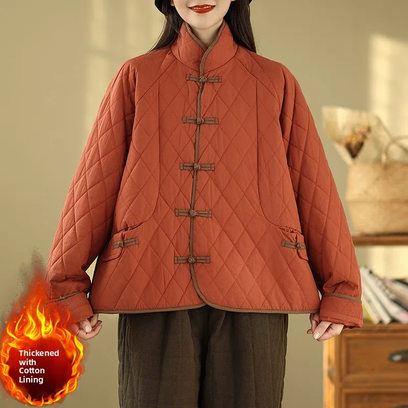 Thickened Short Cotton Jacket with Diamond Pattern Large Size Women's Winter Chinese Style Stand Collar Buttoned Cotton Coat