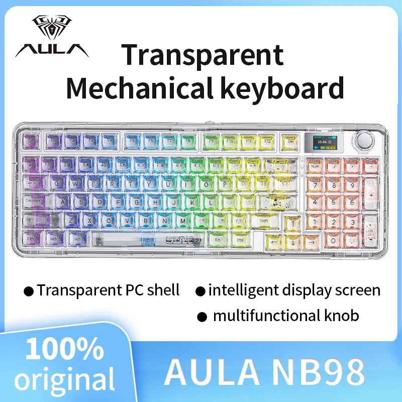 AULA NB98 Mechanical Game Keyboard Multi-functional Knob Smart Screen Keyboards W/ RGB Backlight Hot Swap Transparent PC Shell