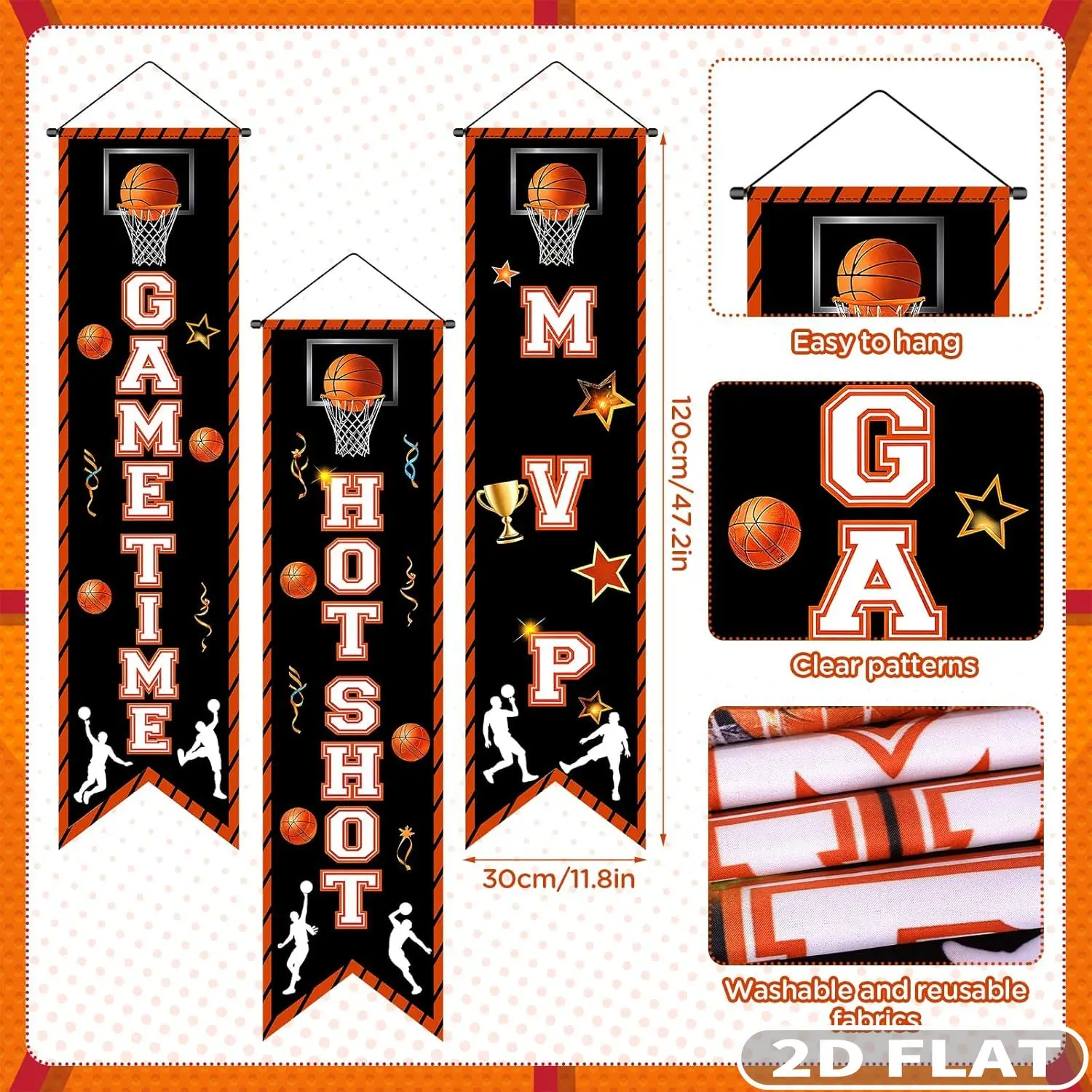 3pc Basketball Party Banners, Wall Decor, Durable Polyester Fabric Party Decorations Sign Basketball Game Time Porch Signs