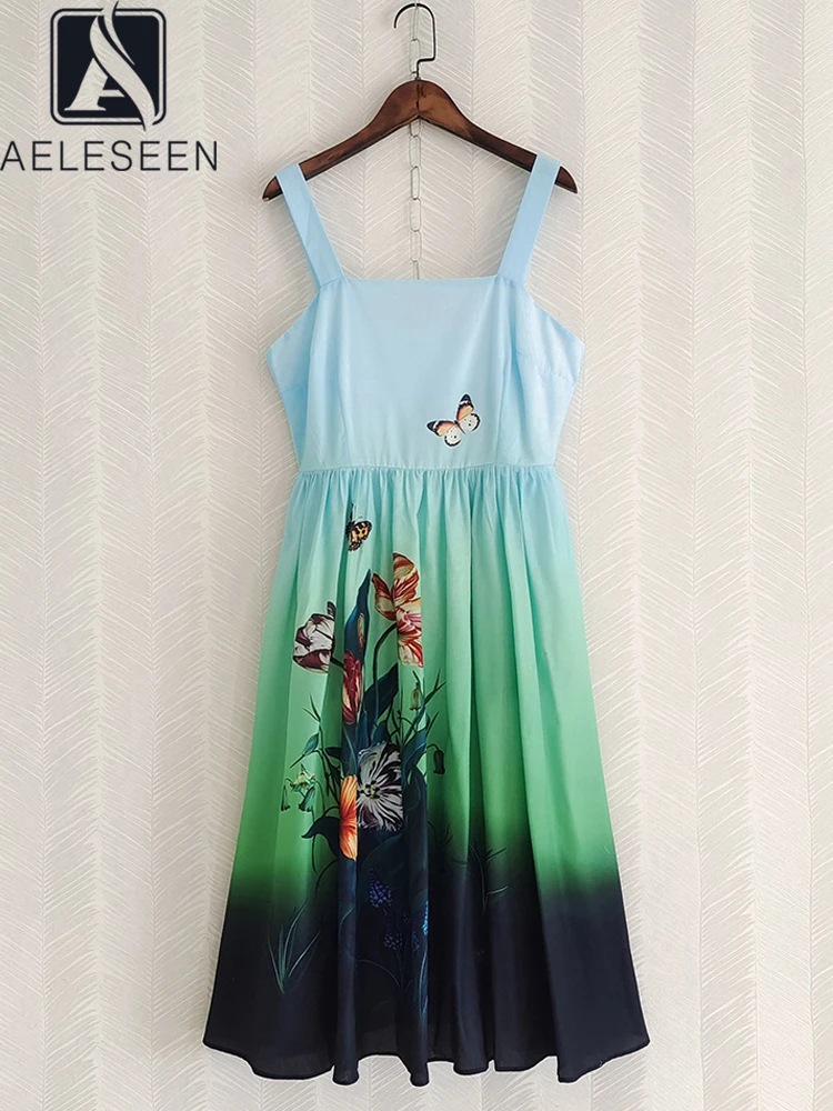 

AELESEEN Fashion Designer Women Sicilian Dress Summer Women's Spaghetti Strap Butterfly Flower Print Long Vacation Camisole