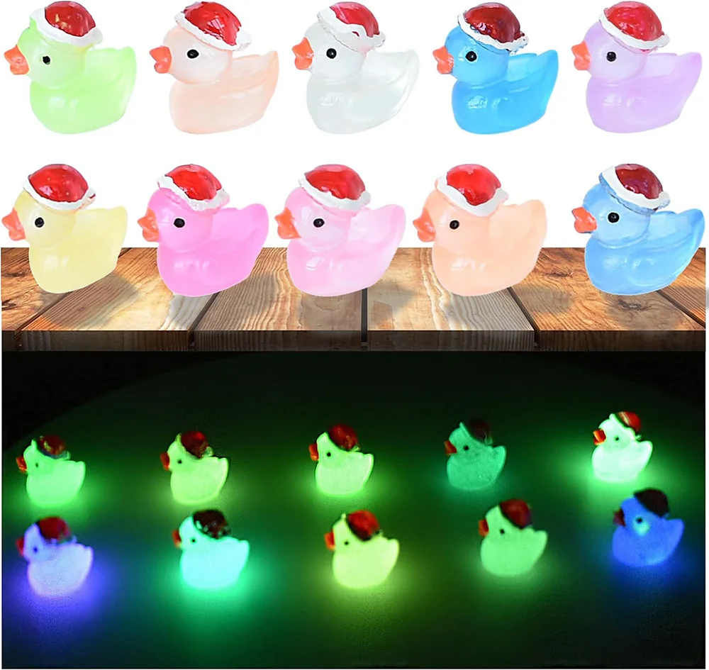 100/200/500 Pcs Mini Christmas Resin Ducks with Santa Hats Glow in the Dark Tiny Duck Figurines for Fairy Garden DIY Craft Decor