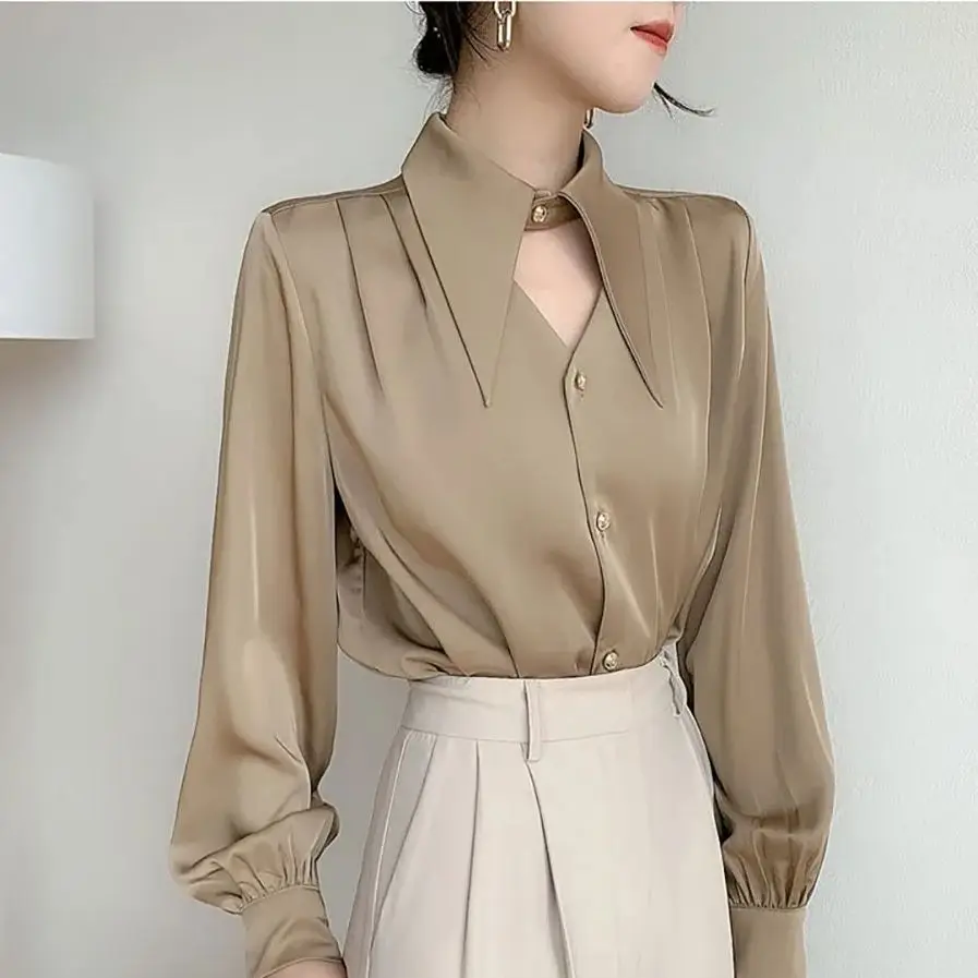 Women\'s Satin Shirt Spring Autumn Korean Temperament Long-sleeved Button-down Shirts Office Lady Work Wear Female Blouses Top