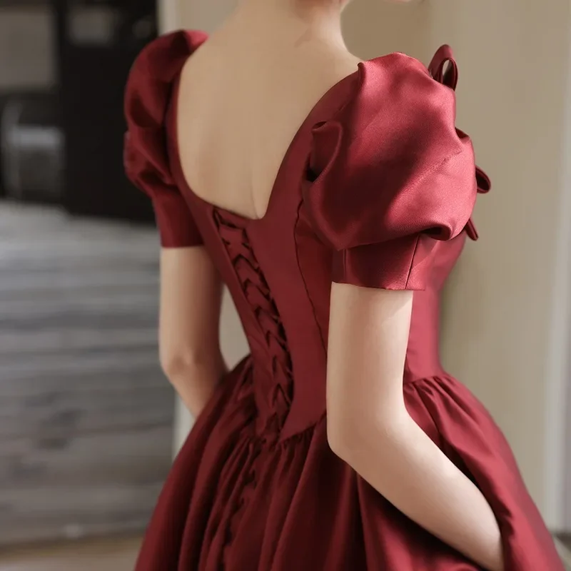 Customized Wedding Guest Dresses For Women Short Puff Sleeves Pleat A-Line Burgundy Formal Dress Square Collar Satin Lace Up Dre