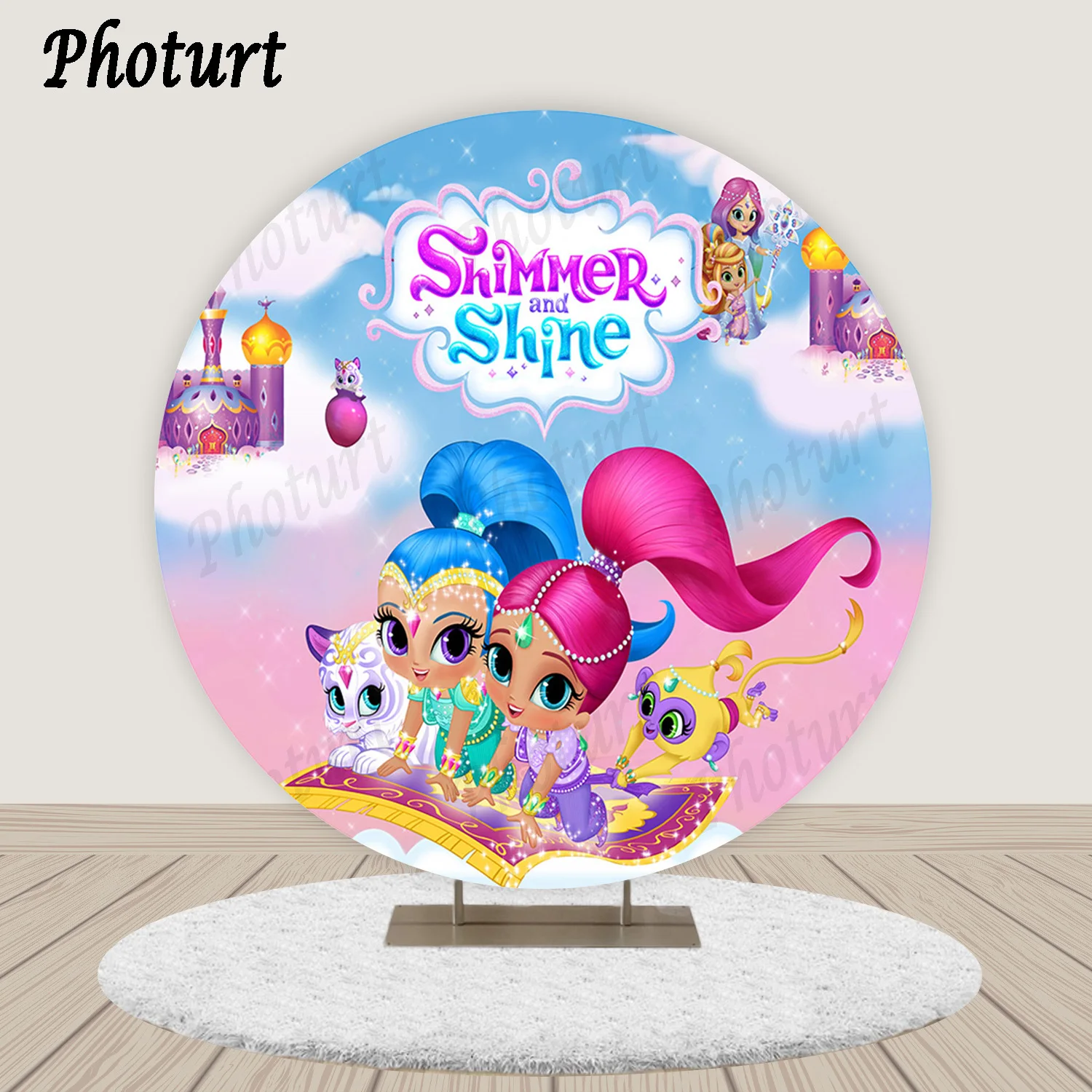 

PHOTURT Round Shimmer and Shine Photography Backdrop Girls Birthday Background Pink Blue Doll Circle Vinyl Photo Studio Props