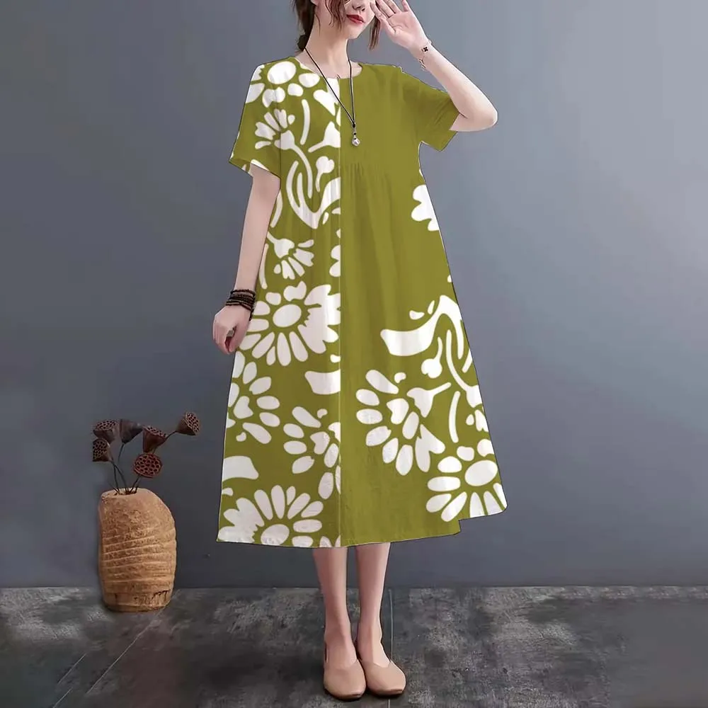 Elegant Party Dress With Green Leaf Vine Print Short Sleeved Dress Lightweight Breathable Loose Fit Available In Various Sizes