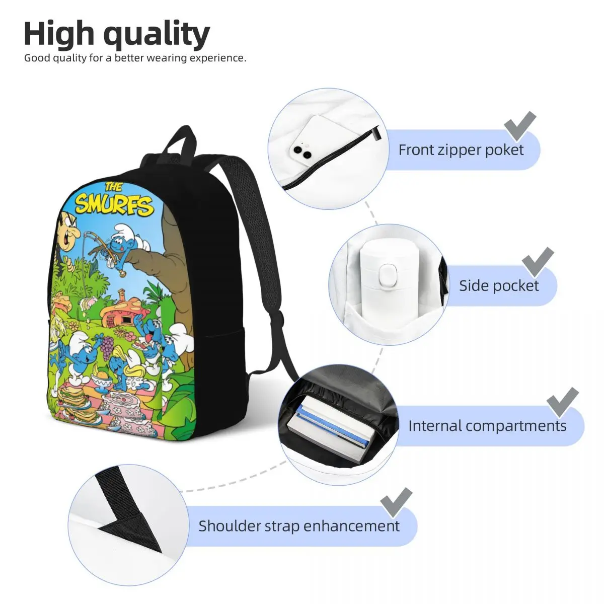 Schtroumpf Cool Backpack Sports High School Hiking Travel Kawaii Cartoon Anime Daypack for Men Women Laptop Computer Canvas Bags