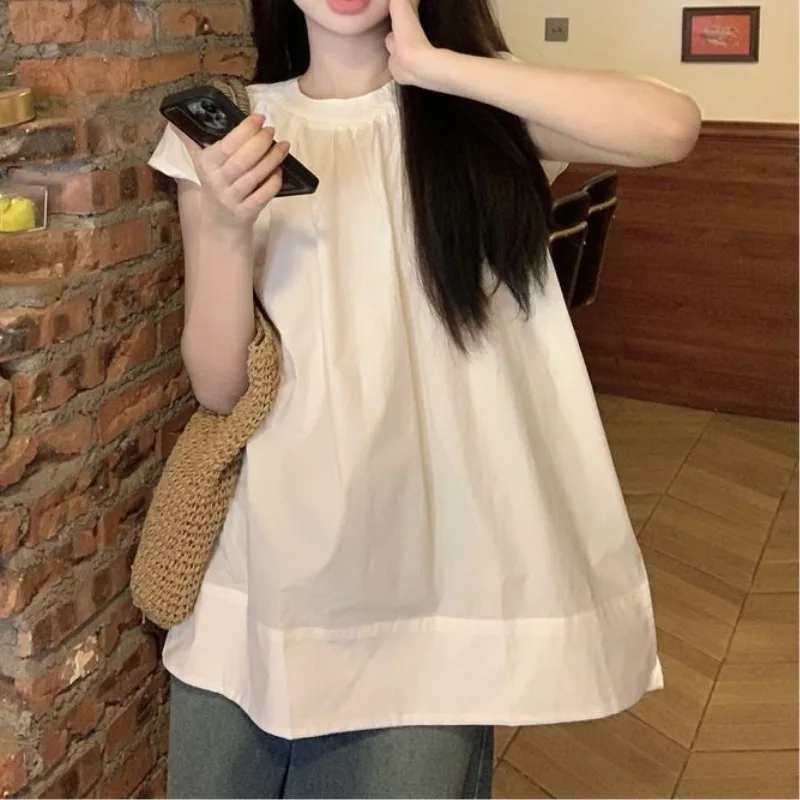 

Sweet Style Pink Short Sleeve Shirt Women2025Korean Style Summer Split Design Loose Casual Mid-Length Top