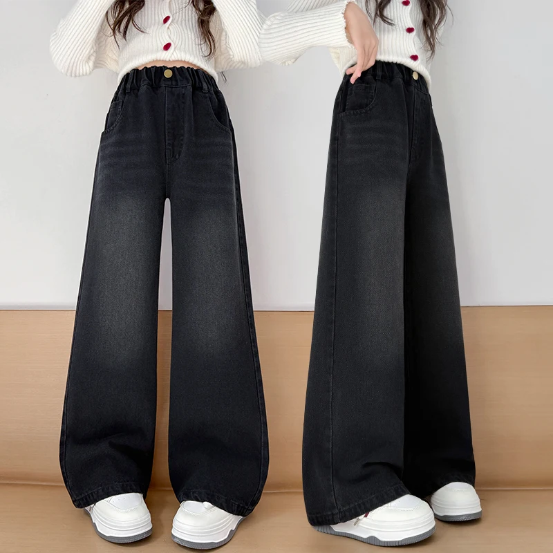 ZOETOPKID Spring Fall Winter Kids Loose Straight Black Jeans with Bows Pocket for Teenage Girls Fashion Style Y2K Denim Pants