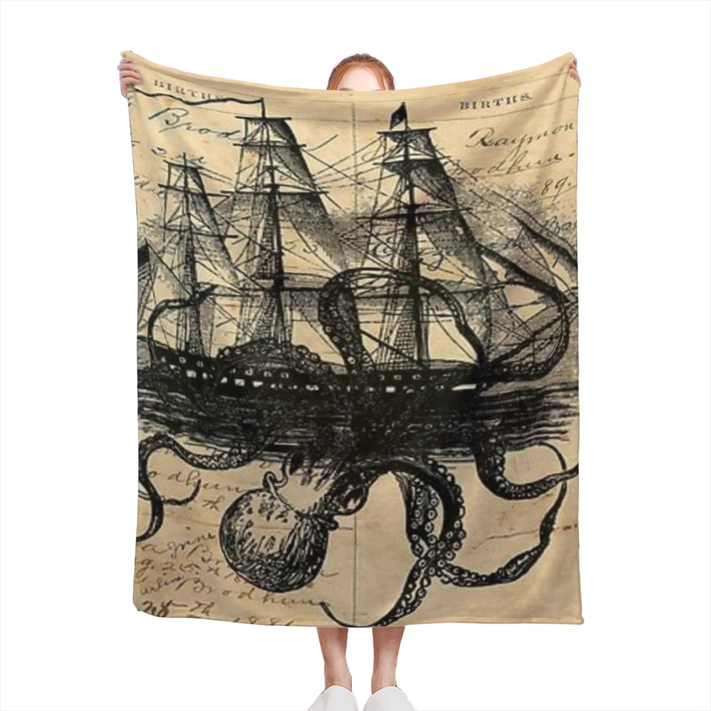 Kraken Attacking Ship on Ledger Design  KAS947 Medium Blanket Soft comforter sets throw for Couch Warm Flannel Blankets Bedroom