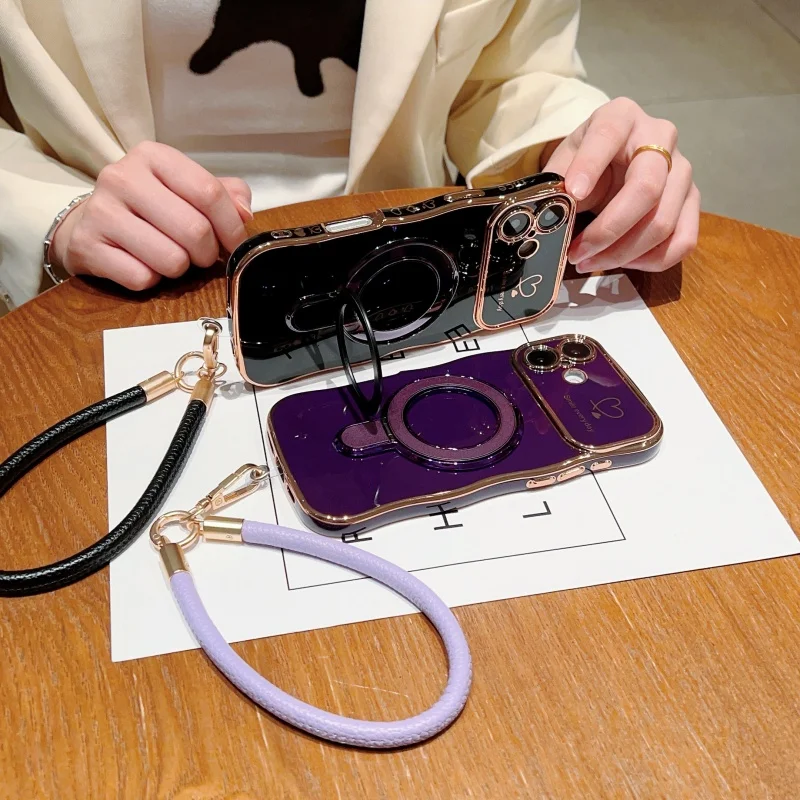 

Magsafe Magnetic Ring Stand Edition iPhone 16, 15, 13, 14, 12, and 11 protective phone cases, equipped with a heart-shaped lanya