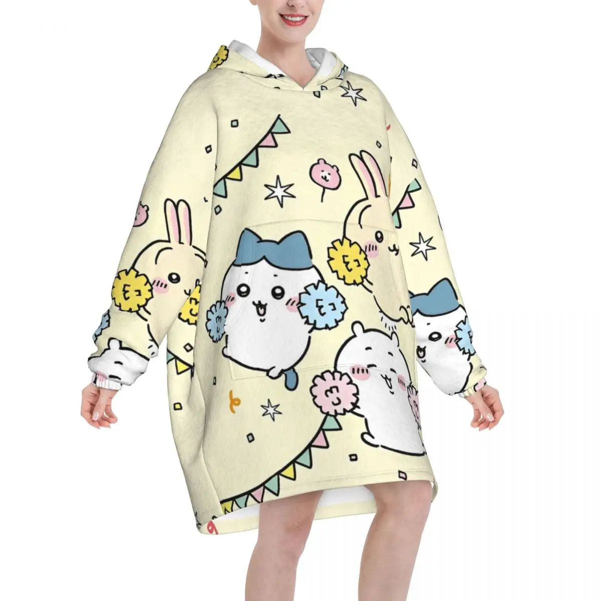 Chiikawa Cartoon Cute Oversized Blanket Hoodie Sweatshirt Long Fleece Hooded Wearable Blanket with Large Pocket for Women Men