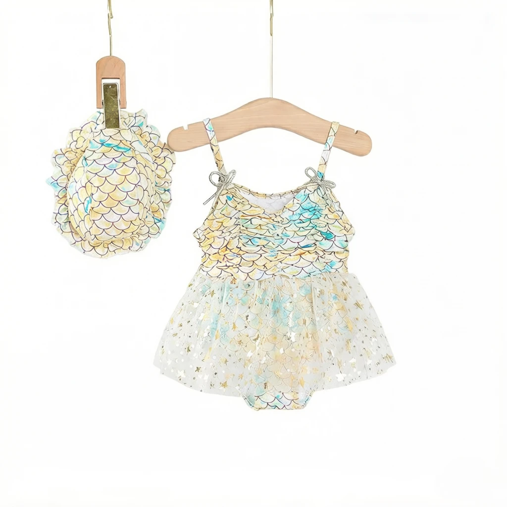 2Pcs Yellow Blue Mermaid Girls One-piece Swimsuit, soft breathable swimwear, stylish water play outfit for little girls